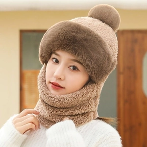 Warm winter knit hat and scarf set with ear protection in brown and beige plush
