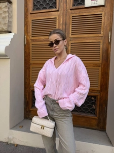 Women Loose Cable Knit Sweater Casual Polo Collar V Neck Long Sleeve Cotton Polyester Blend Pullover Pink