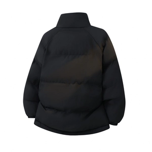 Rear view of a black stand-collar puffer jacket featuring a warm oversized padded silhouette
