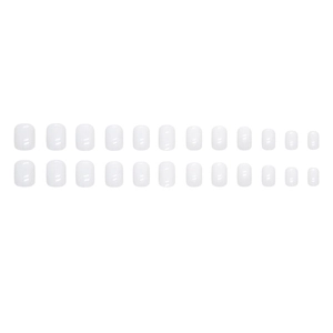 Minimalist short square white press-on nails set with 24 pieces in a clean flat lay