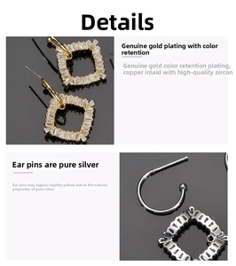 Detail of square geometric earrings with S925 silver needles and inlaid zircon stones