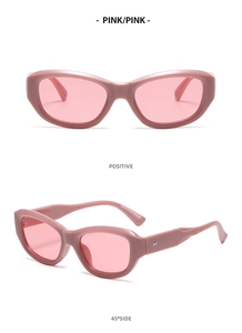 Pink cat eye sunglasses for women with wide temples shown from front and side angles