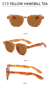Three-angle view of vintage round sunglasses in yellow hawksbill frame with tea lenses