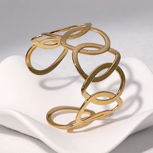 Classic 18k gold plated stainless steel hollow interlocking oval geometric cuff bracelet