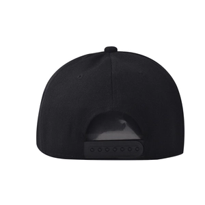 Rear view of classic black cotton snapback cap showing adjustable plastic strap closure