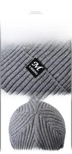 Detail view of rib-knit gray beanie showing high-quality texture and lettered logo patch
