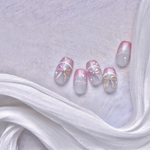 Stickers ongles gel dégradé rose et blanc avec nœuds 3D et perles sur soie