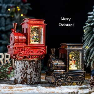 Vintage Christmas train lanterns with Santa and snowman scenes, LED warm light and snow