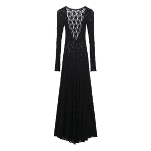 Elegant black lace long-sleeve maxi dress with sexy open-back cutout and round neckline