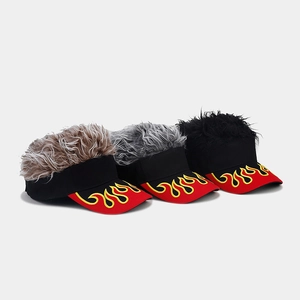 Three novel visor caps with flame embroidery and synthetic hair in brown grey and black