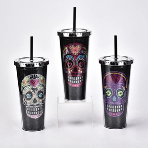 Double-layer plastic tumbler with creative rhinestone skull design and straw for Halloween