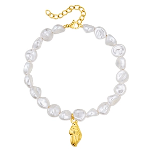 Baroque pearl bracelet with gold shell pendant and adjustable lobster clasp on white background