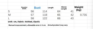 Size chart for asymmetrical knit poncho showing S, M, L dimensions and measurements