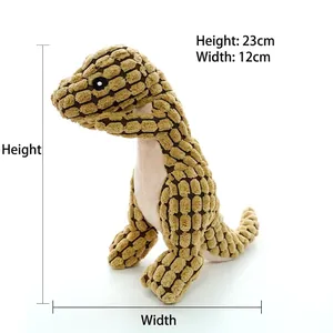 Detailed view of plush dinosaur pet toy in brown corduroy with 23cm height dimensions