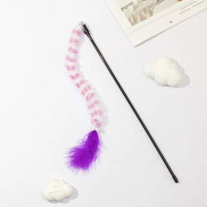 Interactive cat wand toy with pink plush section and purple feather detail on a black rod