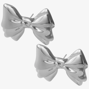 Close-up of silver bow stud earrings in 304 stainless steel with a high-polish finish
