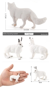 Detailed realistic white fox and standing rabbit animal figurines with size dimensions