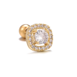 Detailed view of square gold stud earring with cubic zirconia and round bead backing