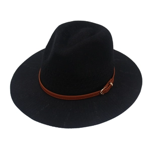 Classic black wide brim fedora hat with brown leather belt buckle on white background