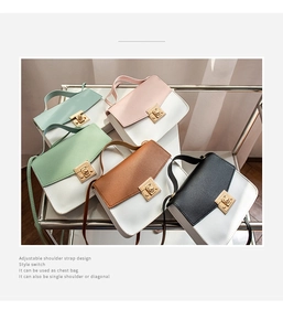 Detail of color-block crossbody bag featuring metal turn-lock and pebbled leather texture