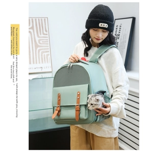 Breathable mint green pet backpack with mesh window and decorative brown leather straps