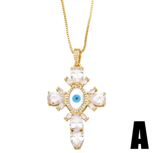 Golden evil eye cross necklace with shiny cubic zirconia and delicate box chain