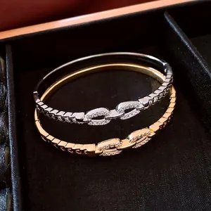 18K gold plated double ring buckle bracelet with chain design and crystal inlay