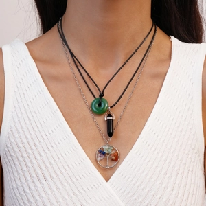 Pendentifs Collier Multicouche Résine Fausse Pierre Alliage Arbre De Vie Colonne Hexagonale Forme Donut Boho Vintage Femmes