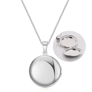 Polished stainless steel round locket necklace with openable compartment for photos