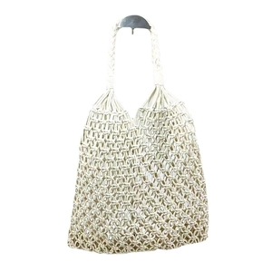 Minimalist white hand-woven hollow mesh tote bag with long handles for women shoulder carry