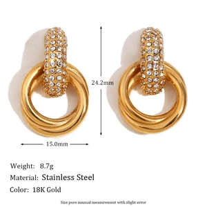 Boucles d'oreilles en acier inoxydable plaqué or 18K avec zircon blanc, 24,2mm x 15,0mm