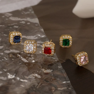 Minimalist Square Zircon Stud Earrings Gold Plated Copper Halo Crystal Geometric Jewelry For Women High End Elegant