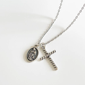 925 Sterling Silver Necklace With Virgin Mary Medal And Cross Pendant Vintage Oxidized Religious Jewelry For Women