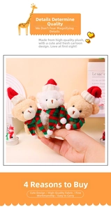 Close-up of cute Christmas plush bears with festive knit hats and striped scarves