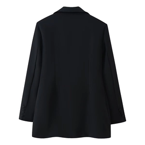 Back view of black long sleeve blazer showing tailored fit and cuff button details