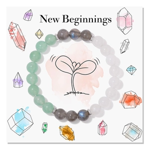 Detailed view of the beaded yoga bracelet on a New Beginnings gift card with natural stones
