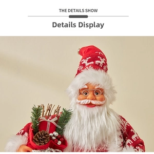 Close-up of Santa doll with knitted hat, glasses, and bag with pine cones and berries