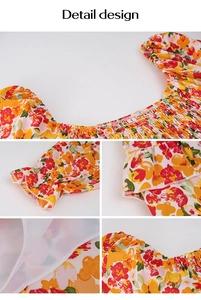 Detailed views of floral print dress with V-neck smocked collar and ruffled elastic cuffs