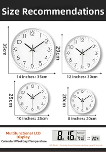 Size comparison chart for LCD wall clocks ranging from 8 to 14 inches with dimensions