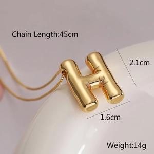Detailed view of gold balloon letter H pendant with size specs 45cm chain length and 14g weight