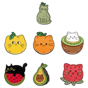Cute fruit cat enamel pins set featuring various kitty shapes in colorful alloy metal