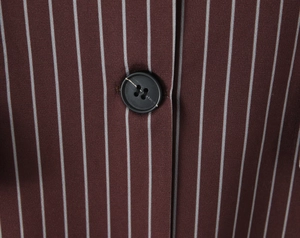 Detailed macro view of dark brown striped blazer fabric and black round button texture