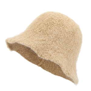 Winter lamb wool bucket hat in beige featuring a thick plush texture and soft wavy brim