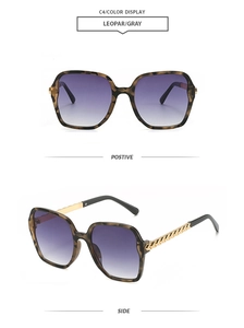 Detail of leopard print polygon sunglasses with gold chain temples and purple gradient lenses