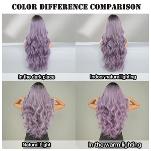 Comparación de color de peluca larga ondulada púrpura bajo diferentes luces