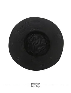 Detail view of the breathable mesh lining and perforated brim on a black sun hat