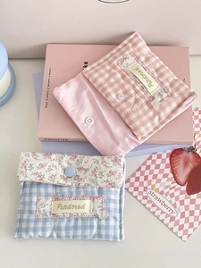 Quilted floral coin purse set in pink and blue plaid fabric with button closure