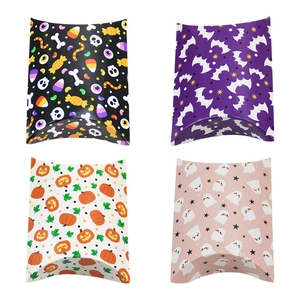 Halloween pillow candy boxes featuring pumpkin, bat, ghost and skull patterns set of four
