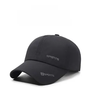 Detail of breathable black quick-dry baseball cap with SPORTS embroidery and curved brim