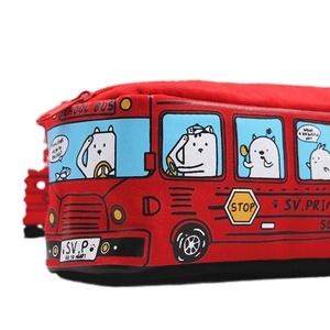 Red school bus canvas pencil case with cute cartoon animal prints and zipper closure